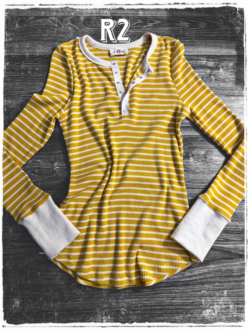 R2 Yellow and White Striped Ribbed Henley Long Sleeve Top